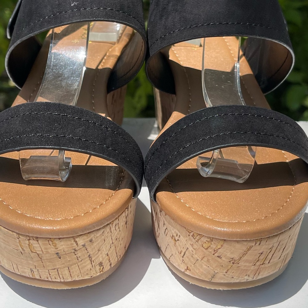 Last 9!  CALEB-42 Black Ankle Strap Slingback Chunky Platform Cork Heel Sandal - Picture 6 of 10
